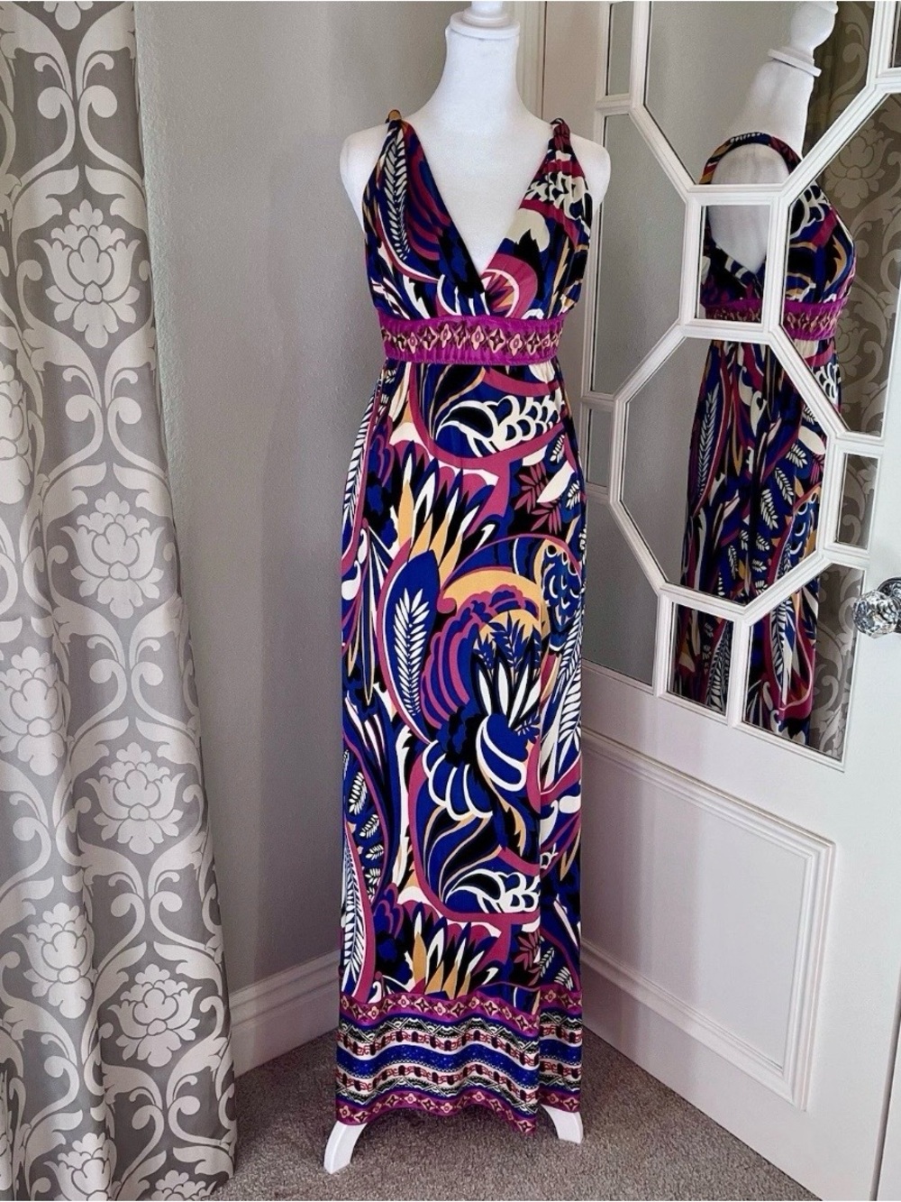 Hale Bob Silk Maxi Vibrant Boho Print Empire Elastic Waist Stretchy Size XS